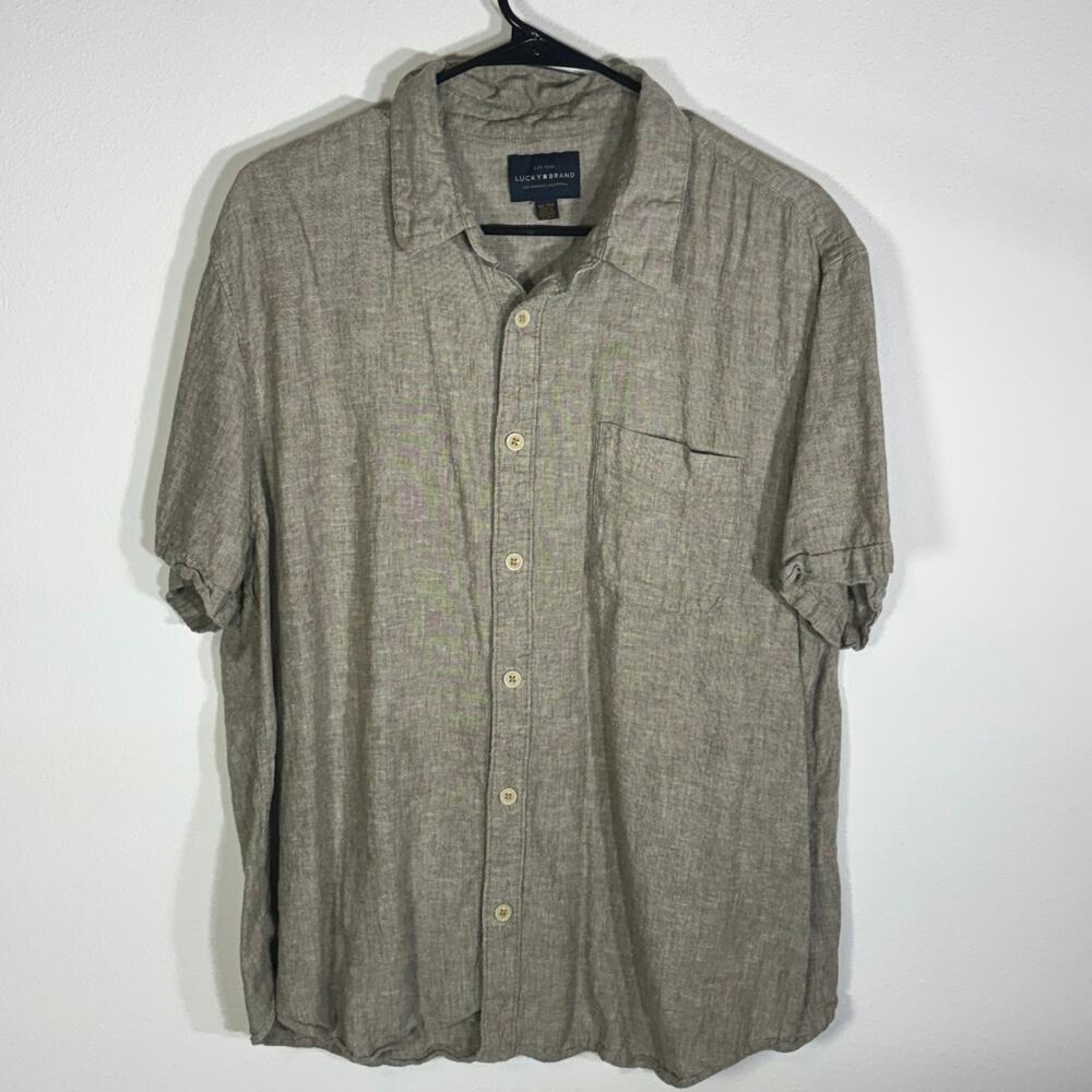 Lucky Brand Mens XL Linen Blend Button Down Shirt Gray Short Sleeve Casual
